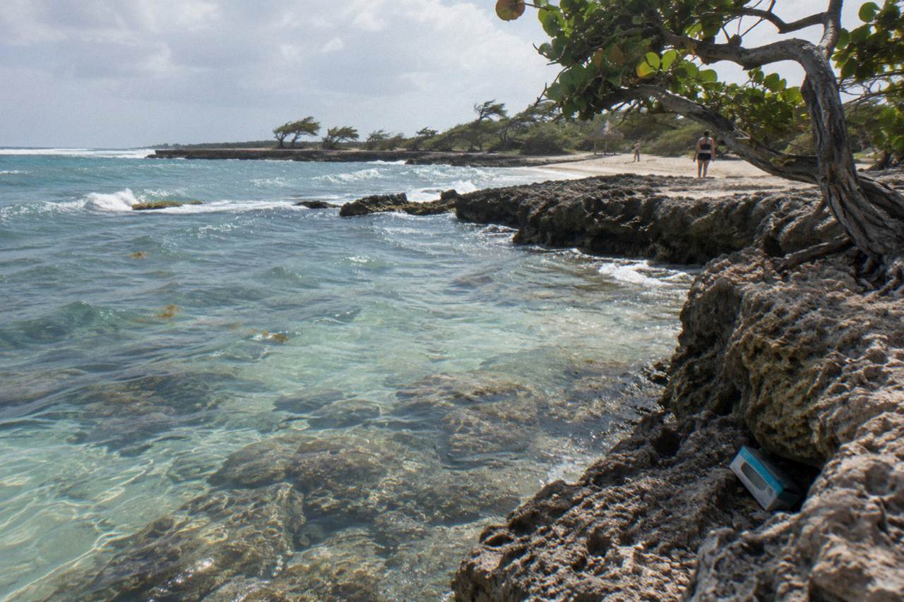 Clear shallow water over a coral reef with sunlight patterns on the sand