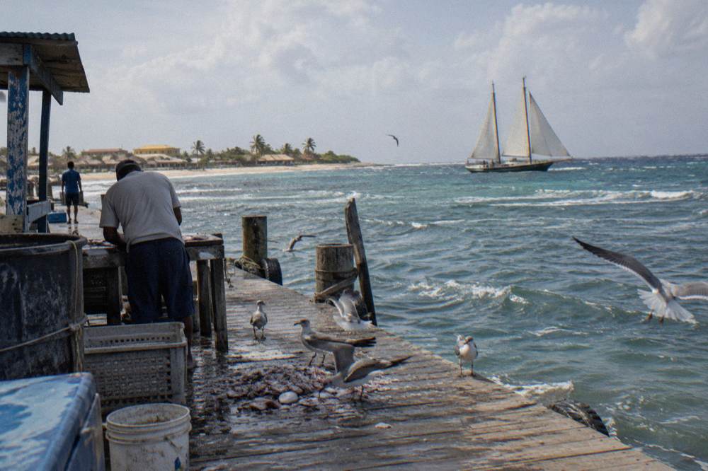 A classic schooner with sails up on calm Caribbean water