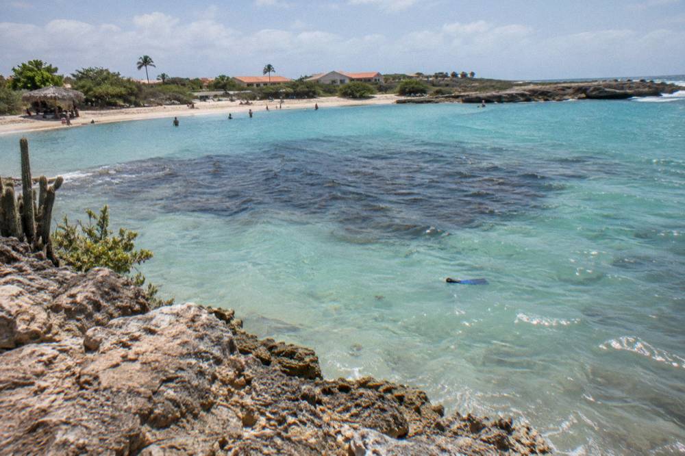 A calm bay with clear water and a reef visible below the surface