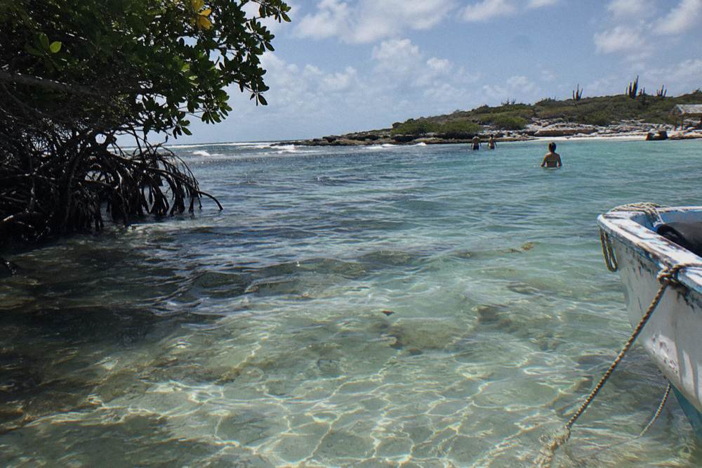 Clear shallow water over a reef with sunlight on the sandy bottom
