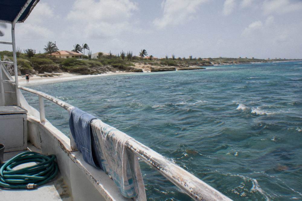 An open deck under a clear sky with calm blue sea stretching to the horizon