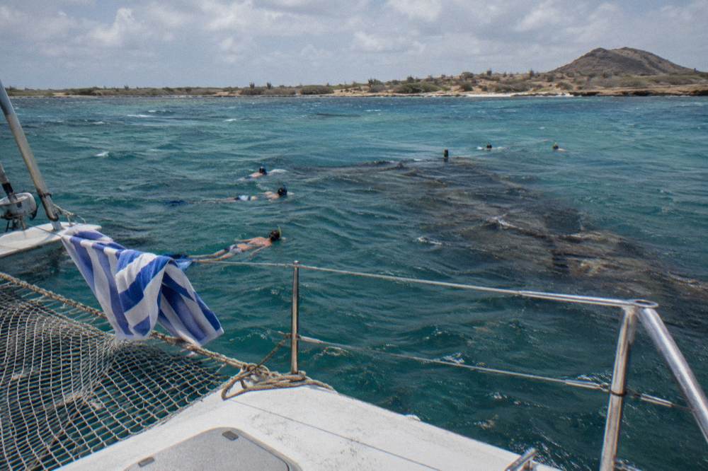 A catamaran anchored near a reef with snorkelers in the water beside a dark underwater structure