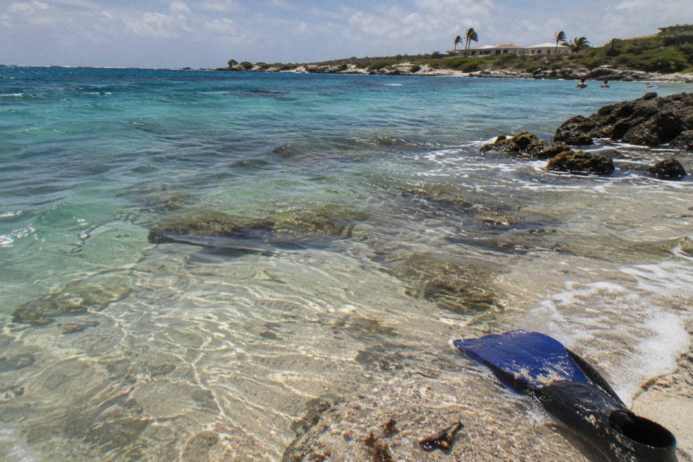 Shallow reef water shades from pale aqua to deeper blue as sand meets coral near the shoreline