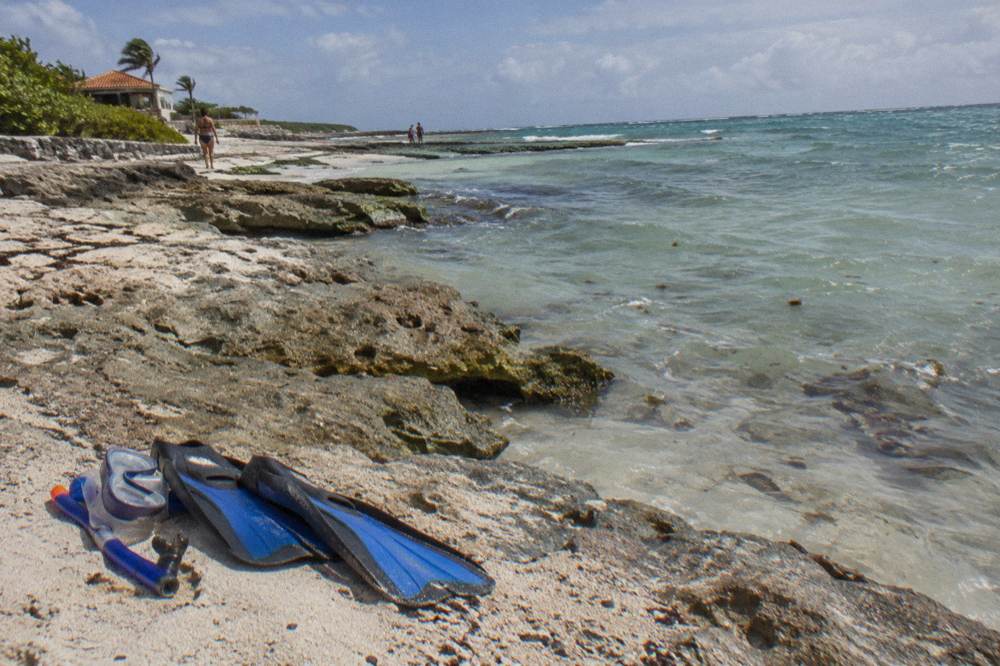 A snorkel mask and fins resting on sand beside calm shallow water