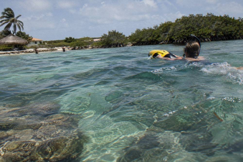 Snorkeler holding a small underwater scooter gliding above a coral reef
