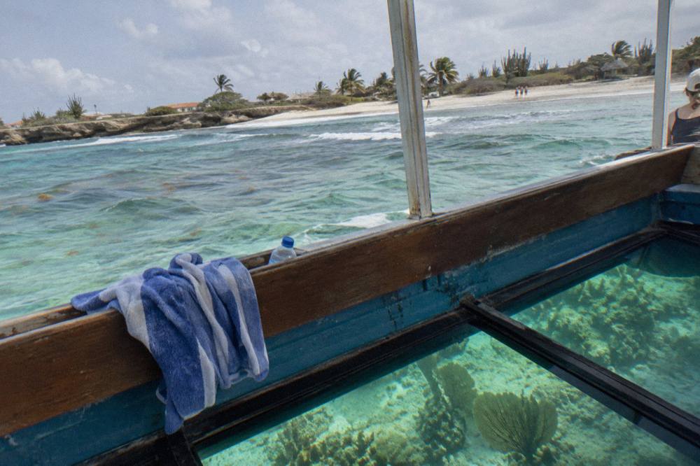Clear shallow water over a coral reef with sunlight patterns on the sand