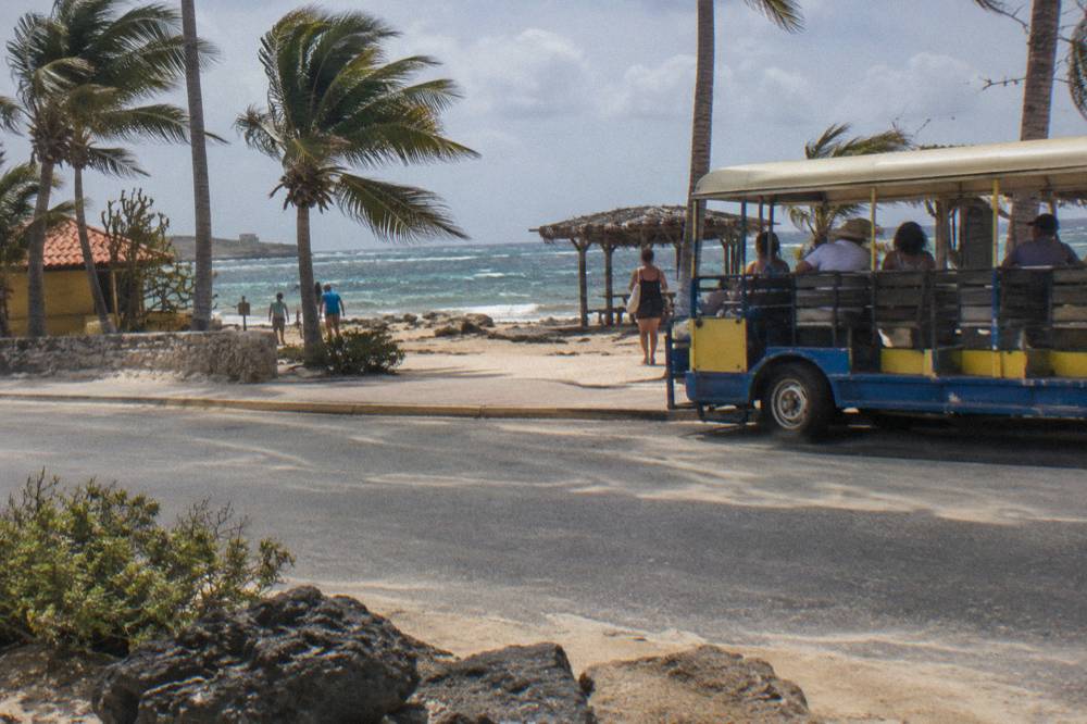 Open air bus parked beside a coastal road with palm trees on the way to a beach