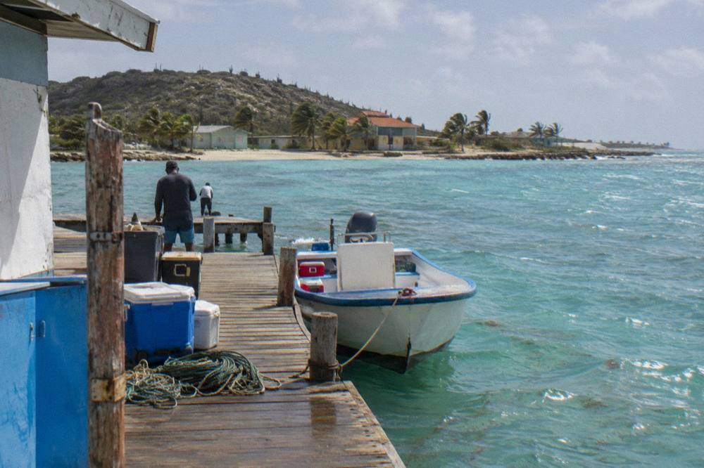 Wooden pier extending into calm turquoise water with a snorkel boat moored alongside